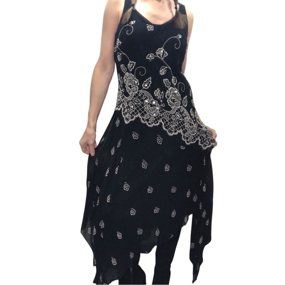 Vtg 90’s Midnight Velvet Goth Dress Sz L Embroidered Feminine Asymmetric Whimsy - Picture 1 of 12